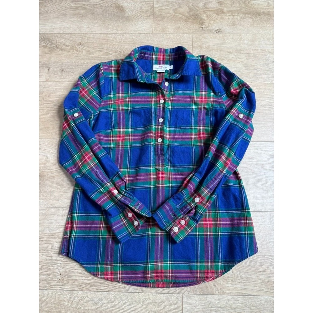 EUC Women Vineyard Vines long sleeve half 1/2 button plaid roll tab shirt size 2